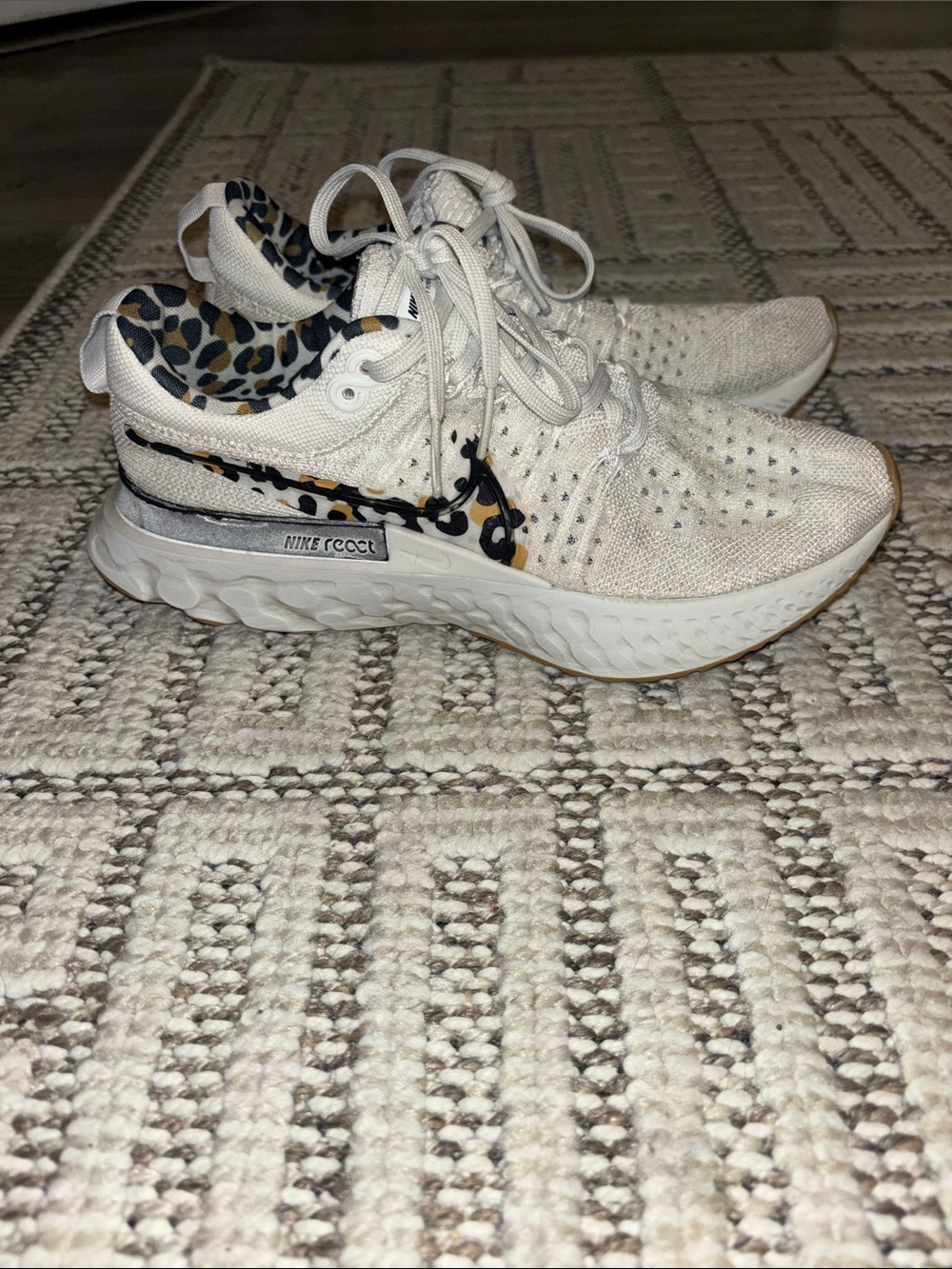 Nike Women's White Knit Running Shoes with Leopard Accent
